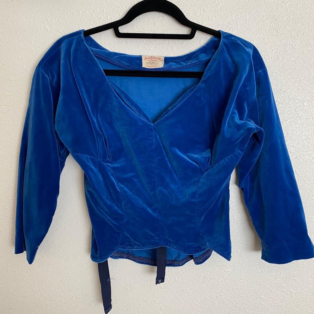 Vintage Velvet Lapis Blue Long Sleeve Blouse Top
